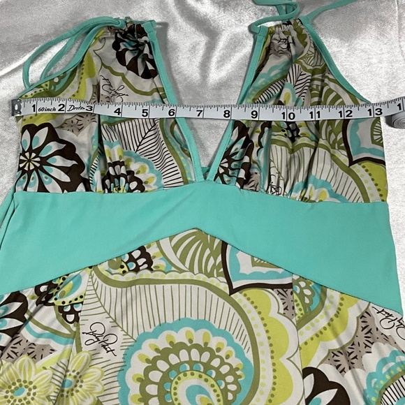 Baby Phat Halter Dress L Boho Floral Print Aqua Brown Asymmetrical Hem Y2K Retro - Picture 10 of 14
